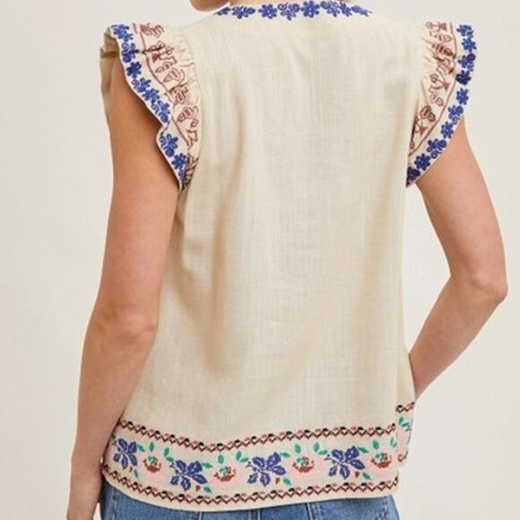 Boho Embroidered Ruffled Sleeve Tasseled Drawstring Top Linen Blend - Picture 6 of 6